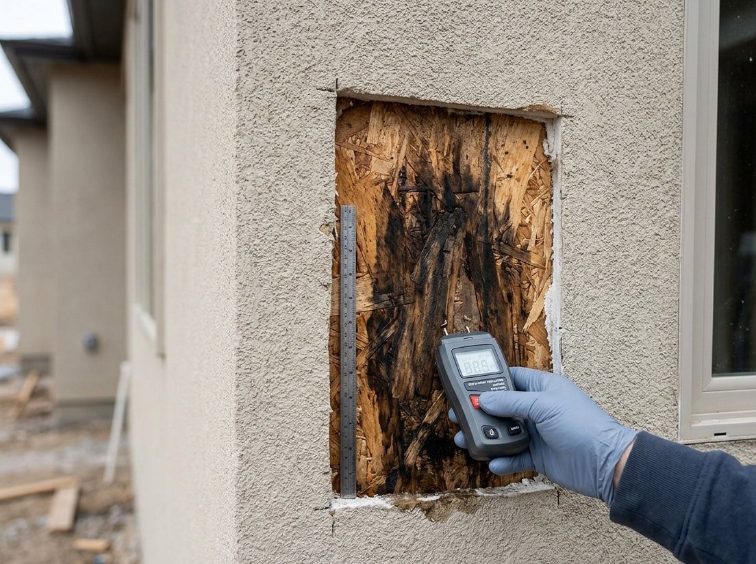 Gloved hand holding a moisture meter against water-stained, deteriorated sheathing exposed in a stucco wall test opening next to a window, with a steel rule for scale
