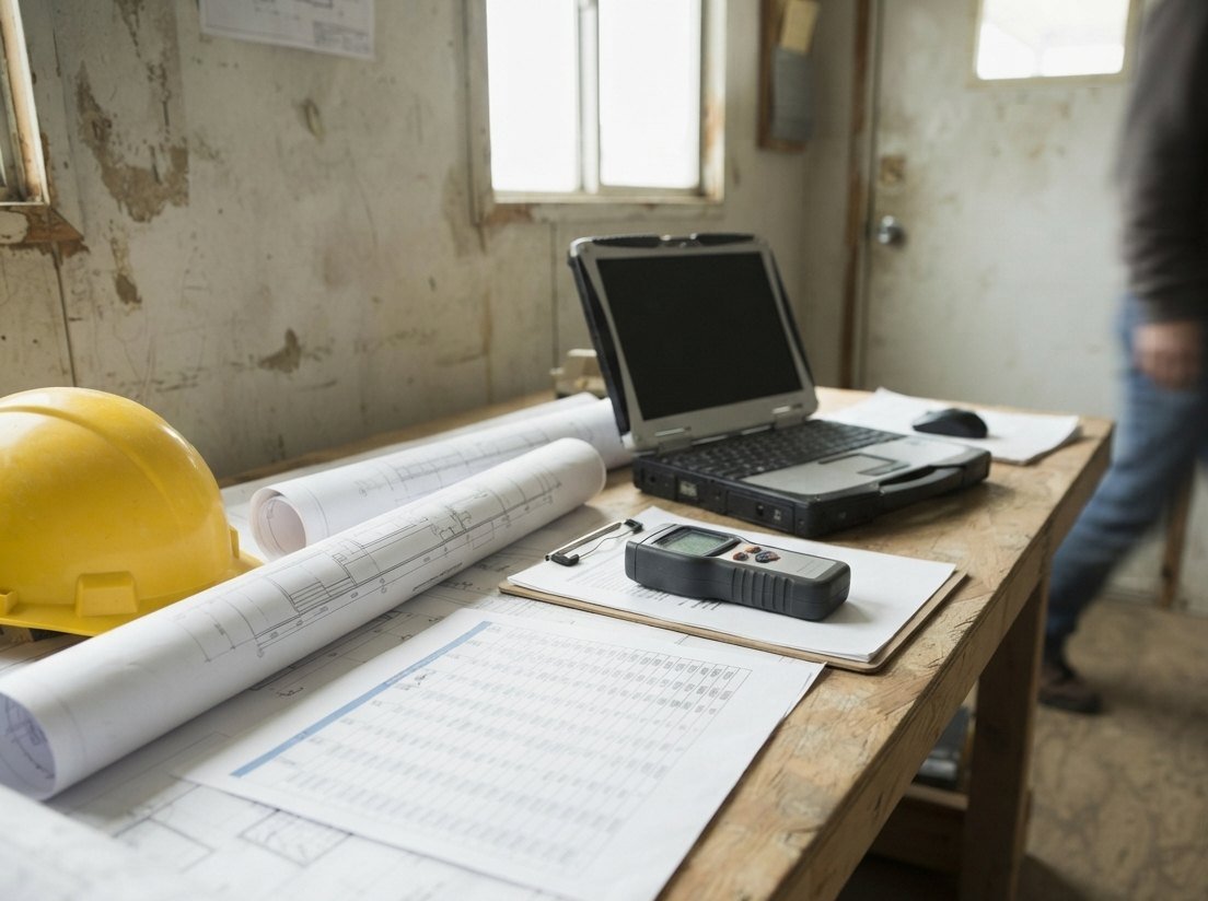 Jobsite trailer table with a printed cost spreadsheet, rolled drawings, a moisture meter on a clipboard, a rugged laptop and a yellow hard hat