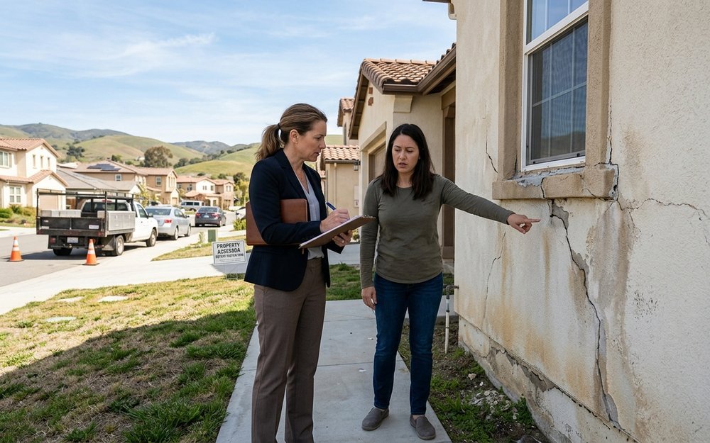 Consultant and homeowner examining a cracked stucco wall during a site inspection