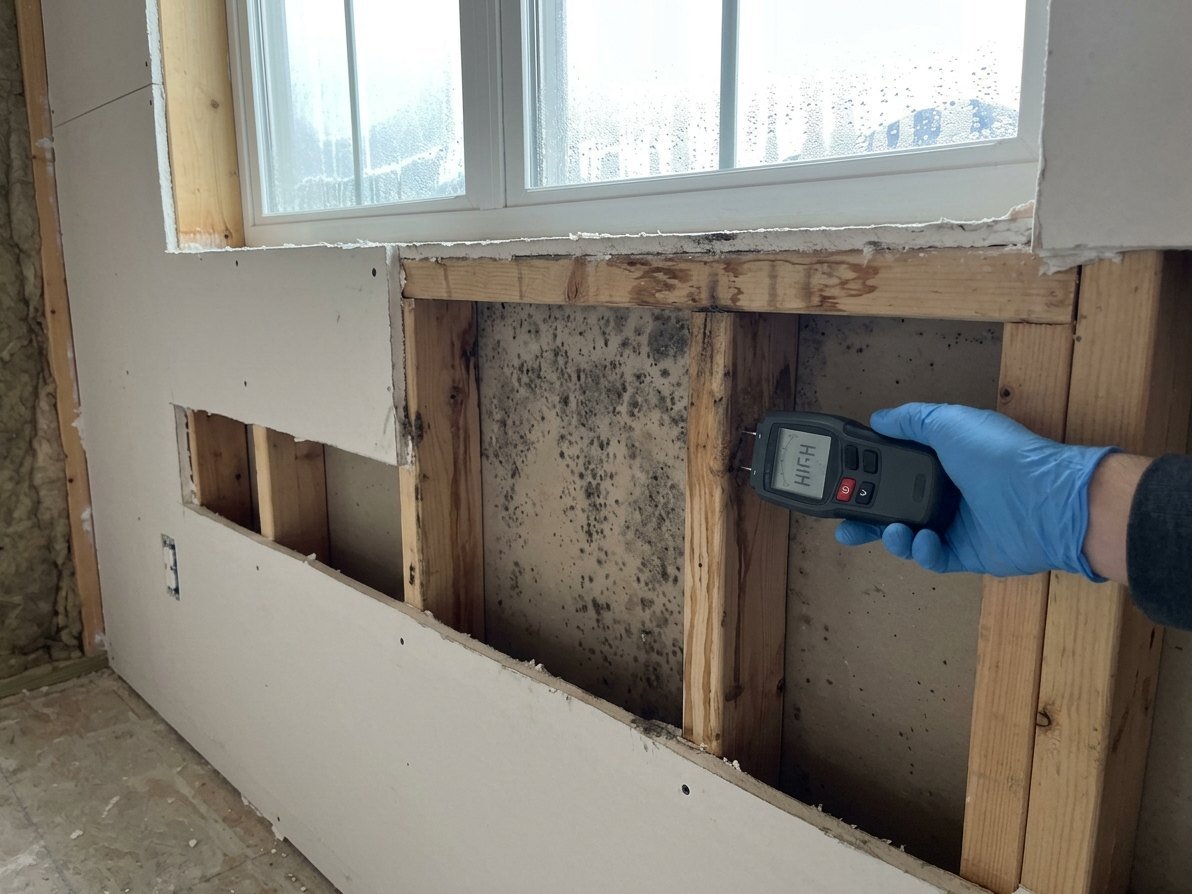 Investigator taking a moisture meter reading at the lower corner of an exterior bedroom wall below a window with a small inspection opening cut in the drywall