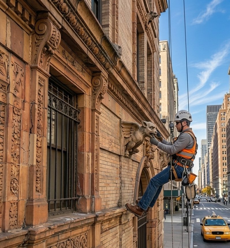 Facade inspector using rope access to examine ornate stone architectural details on a historic New York City building