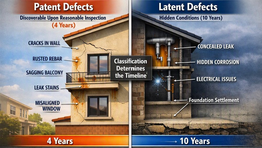 Diagram comparing visible patent defects (4-year limitations period) against hidden latent defects (10-year limitations period)