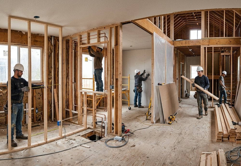 Construction crew framing and installing drywall during interior remodel work
