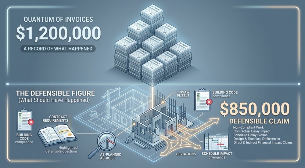 Infographic comparing a raw invoice total against a defensible, code-and-contract-supported damage claim