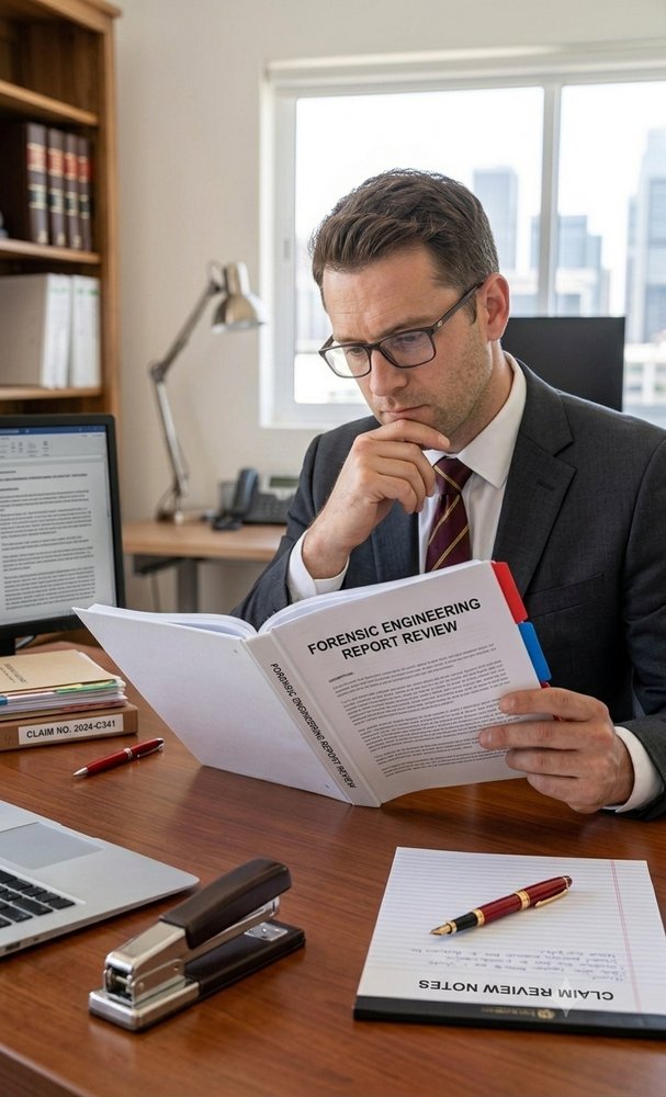Attorney reviewing a forensic engineering report in an office setting