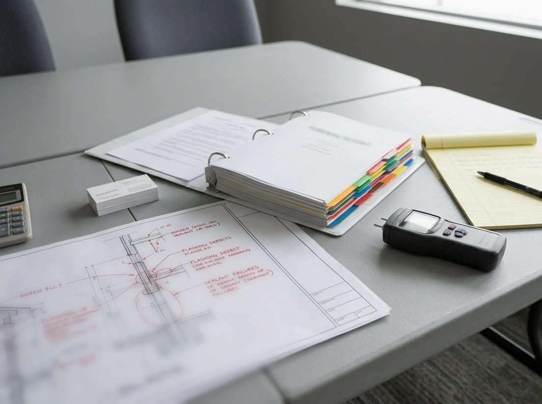Table with a tabbed forensic report binder, a marked-up wall section drawing, a moisture meter and a legal pad
