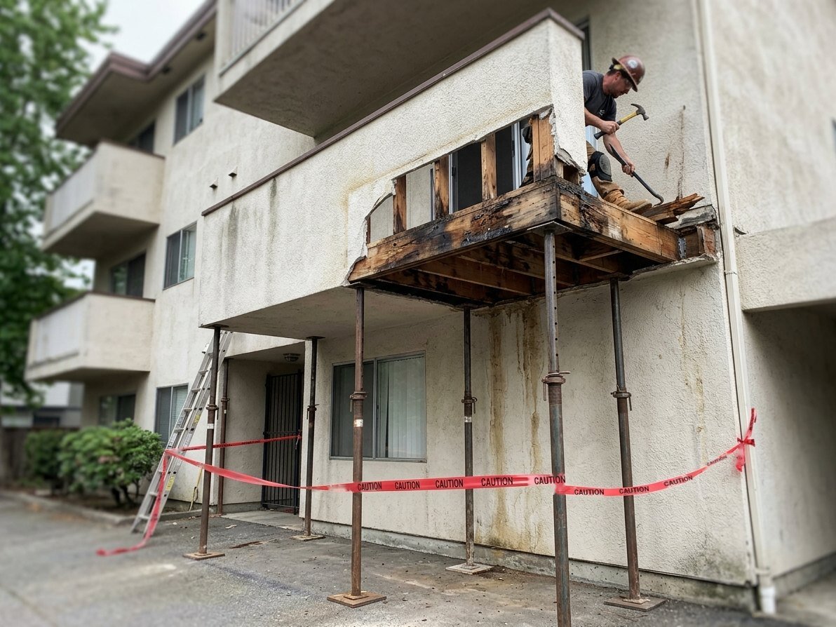 Second-floor wood balcony on a California stucco condominium under repair, with the deck surface removed, new framing and temporary shoring posts below
