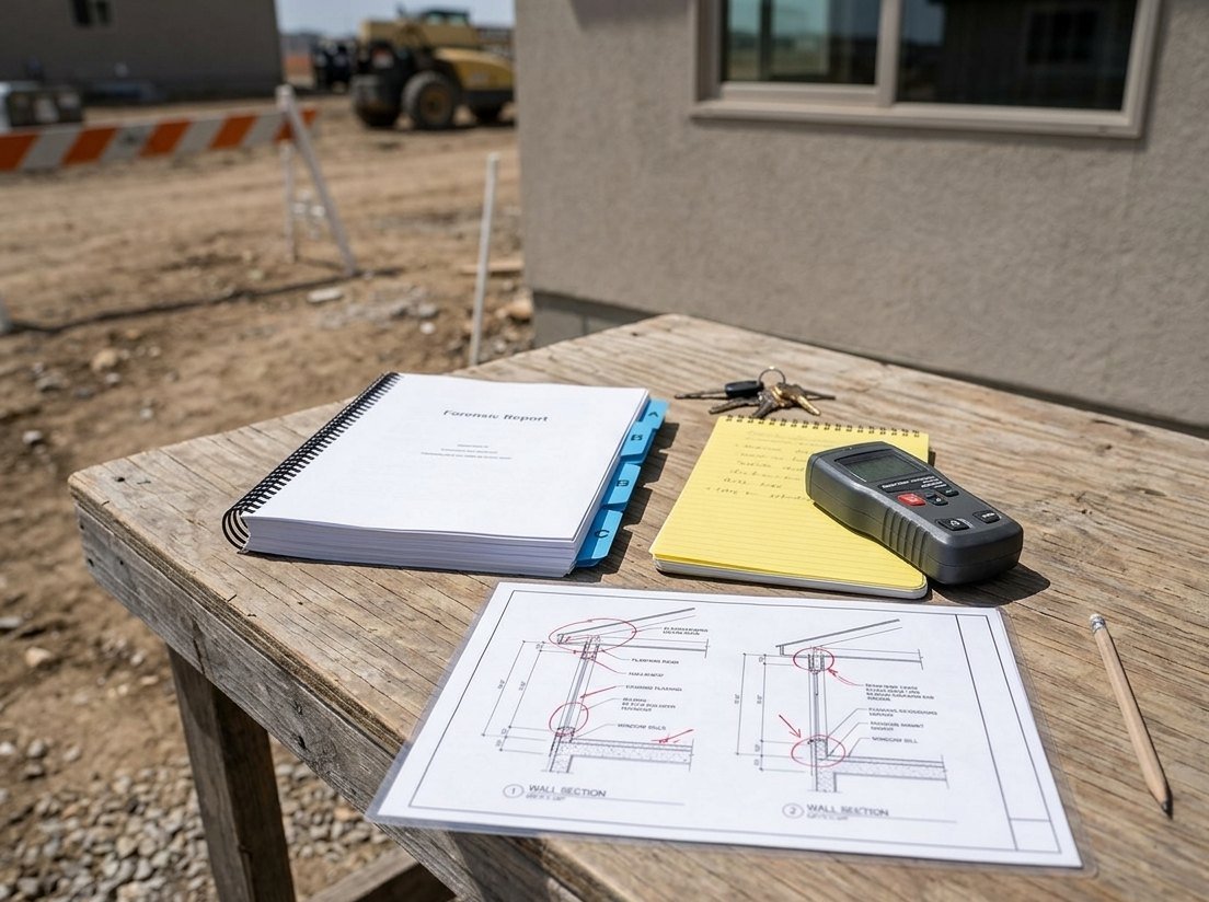 Site table beside a stucco building with a tabbed forensic report, field notes, a moisture meter and marked-up wall section details