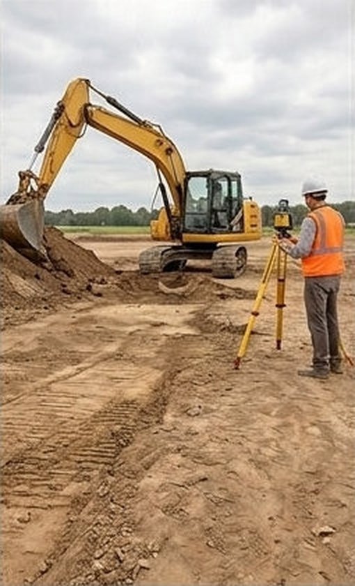 Surveyor with equipment overseeing excavation work on a job site