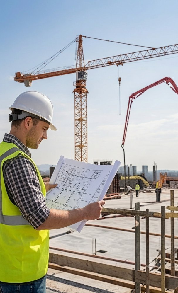 Construction professional reviewing blueprints at an active job site with a crane and concrete pump in the background