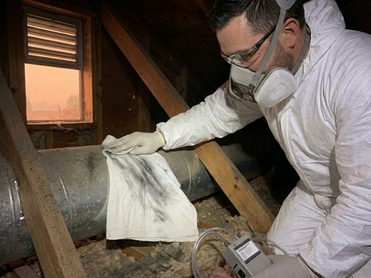 Open attic hatch in a smoke-damaged home showing gray ash residue on insulation and framing lit by a work light