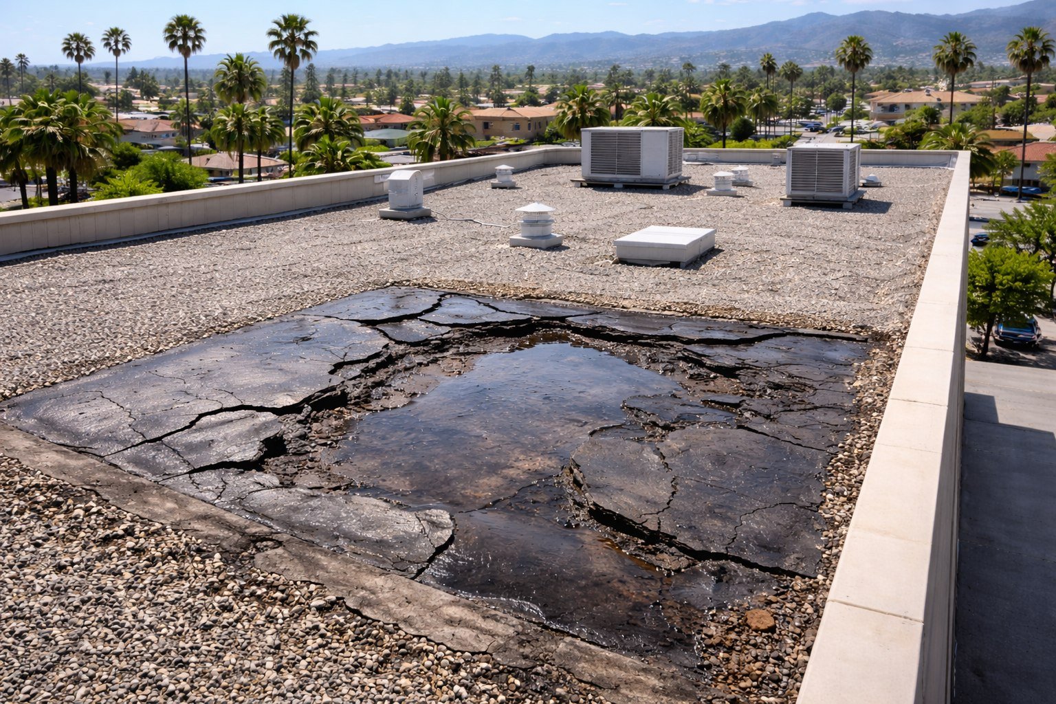 Aerial view of a flat commercial roof with visible water pooling and membrane damage