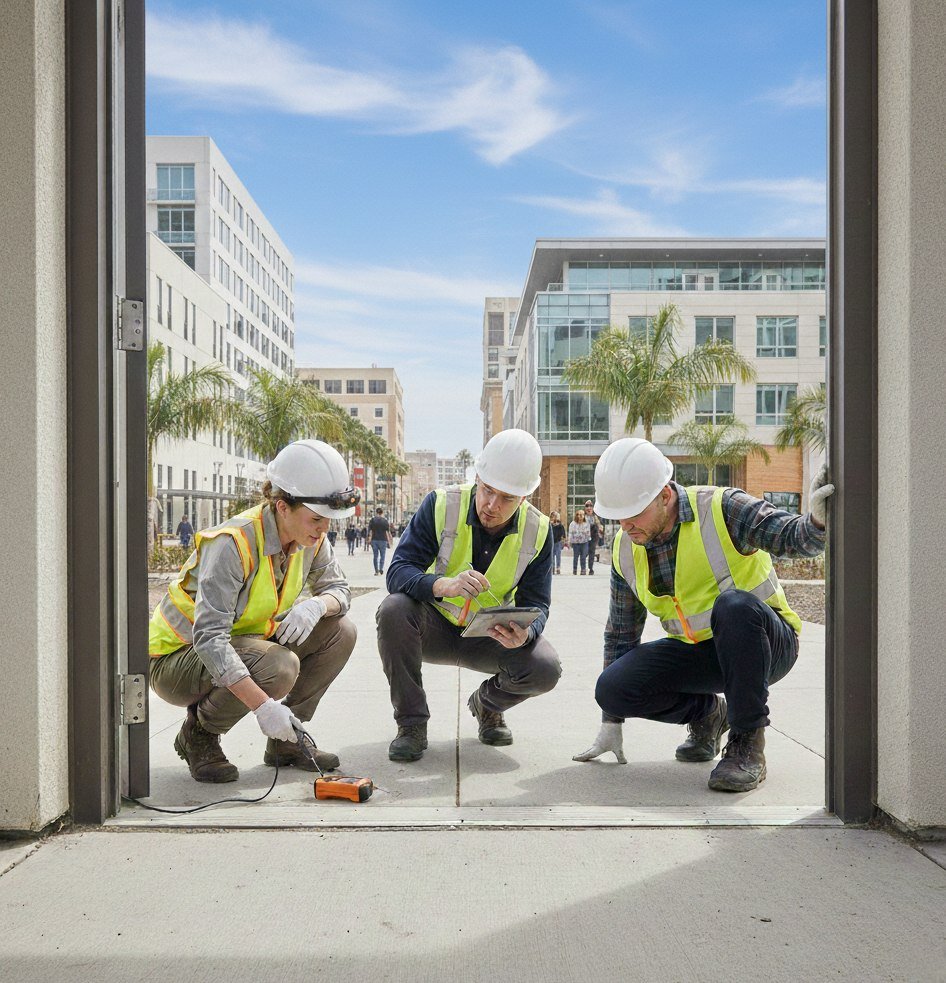 Construction inspection team examining a building threshold with a moisture meter